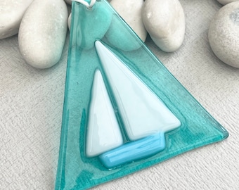 Fused glass sail boat yacht suncatcher ~ Aqua Cool