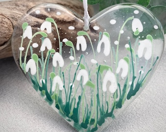 Fused glass hand painted Snowdrop heart ~ clear