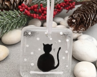 Fused glass Christmas tree decoration ~ Snow cat