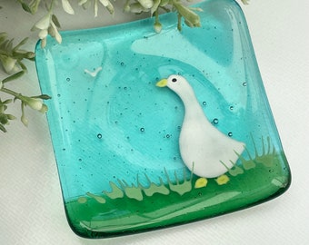 Fused glass hand painted square dish ~ Goose