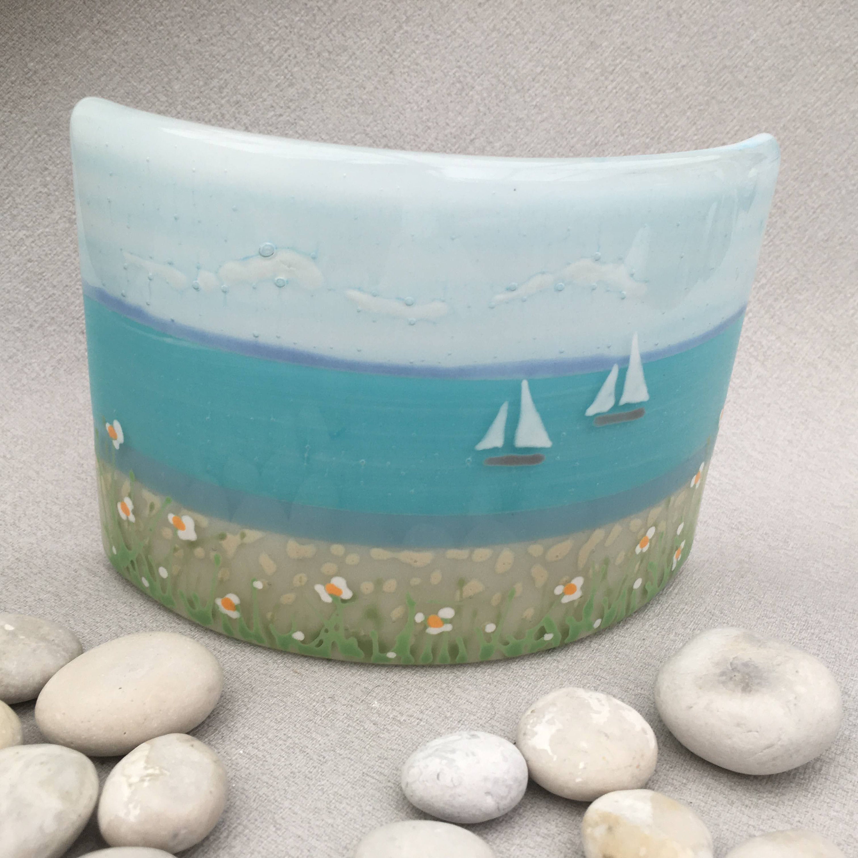 Sea Breeze Hand Painted Fused Glass Curve Ocean Yachts and Etsy UK