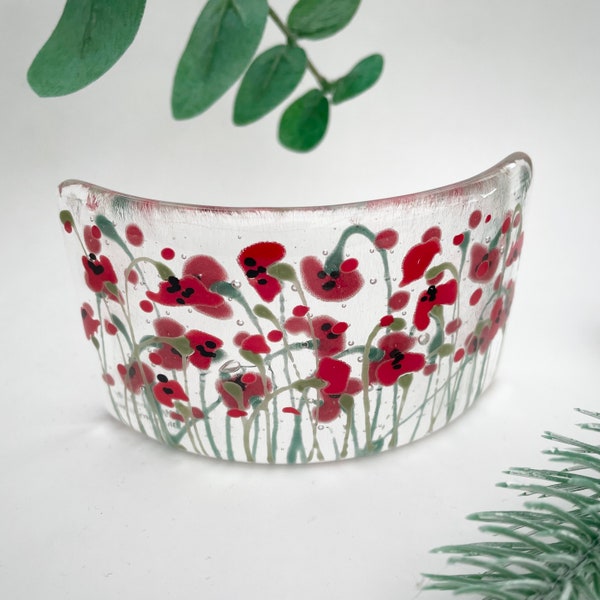 Fused glass hand painted Poppies Mini Curve ~  Clear