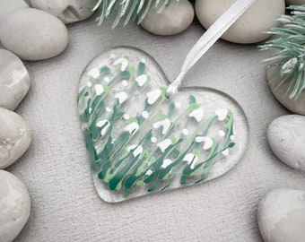 Fused glass hand painted Snowdrop heart ~ clear