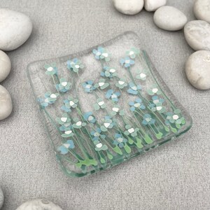 Handmade Fused Glass Forget Me Not Floral Dish - duck egg blue