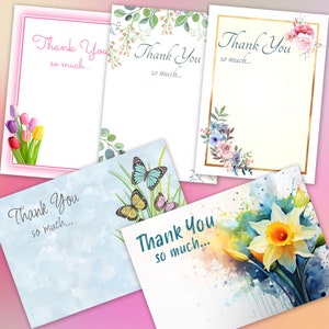 May include: Five different thank you cards with floral and butterfly designs. The cards have a watercolour background and feature the text "Thank You so much..."