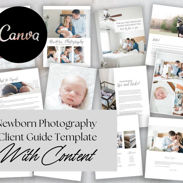 Newborn Photography Welcome Guide. Newborn Session Client Prep Template. Photography Magazine. Canva. Photographer Marketing Template.