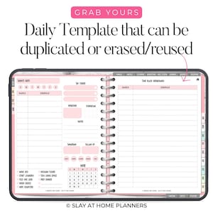 Op de afbeelding: Een digitale planner met een roze en wit ontwerp. De planner bevat secties voor dagelijkse planning, weer, notities en een kalender voor maart. De tekst op de planner luidt "Dagelijkse sjabloon die kan worden gedupliceerd of gewist/hergebruikt."