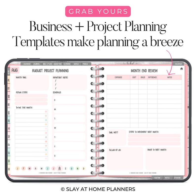 Op de afbeelding: Een digitale planner met een roze en wit ontwerp, met de tekst "Business + Project Planning Templates make planning a breeze." De planner bevat secties voor projectplanning in augustus en maandoverzicht, met een spiraalbinding.