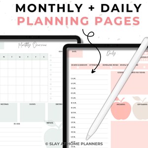 May include: Two digital tablets displaying planning pages. One shows a monthly overview with a calendar grid and sections for meetings, events, and notes. The other tablet features a daily planner with time slots and sections for lessons and notes. A white stylus rests on the screen. Text reads "MONTHLY + DAILY PLANNING PAGES."