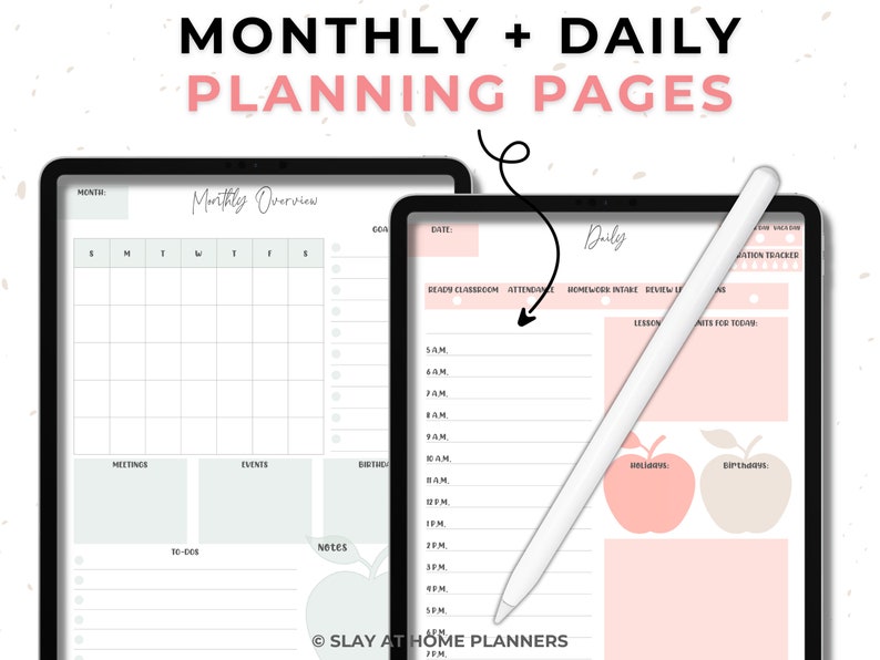 May include: Two digital tablets displaying planning pages. One shows a monthly overview with a calendar grid and sections for meetings, events, and notes. The other tablet features a daily planner with time slots and sections for lessons and notes. A white stylus rests on the screen. Text reads "MONTHLY + DAILY PLANNING PAGES."
