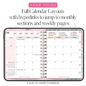 Op de afbeelding: Een digitale planner met een roze en wit marmerontwerp, opengeklapt op een maartkalenderindeling. De planner heeft hyperlinks voor eenvoudige navigatie naar maandelijkse en wekelijkse secties. Tekst bevat "Grab Yours" en "Slay at Home Planners."