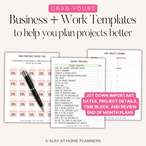 May include: A collection of printable business and work templates, including a Christmas savings plan and holiday traditions checklist. The image features a pen and pink accents, with text that reads "Grab Yours" and "Jot Down Important Dates."