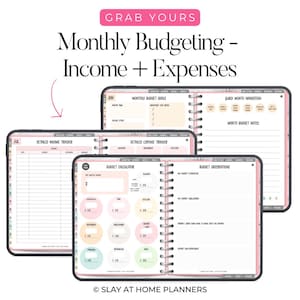 Op de afbeelding: Digitale maandelijkse budgetplanner met roze accenten. De planner bevat secties voor inkomsten, uitgaven, budgetdoelen en observaties. Tekst op de afbeelding luidt "Monthly Budgeting - Income + Expenses" en "Grab Yours".