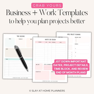 May include: Business and work templates for project planning. The image shows three planner pages with the text "Time Blocking", "Month End Review", and "April Project Planning". A black pen rests on the first page. The text "Jot down important dates, project details, time block, and review end of month plans" is also visible.