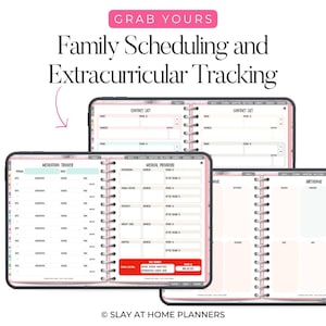 Op de afbeelding: Digitale gezinsplanning en buitenschoolse activiteiten tracker. De planner bevat secties voor contactlijsten, medicatietracking, medische providers en verjaardagen. De tekst "Grab Yours" staat bovenaan, met de titel "Family Scheduling and Extracurricular Tracking".