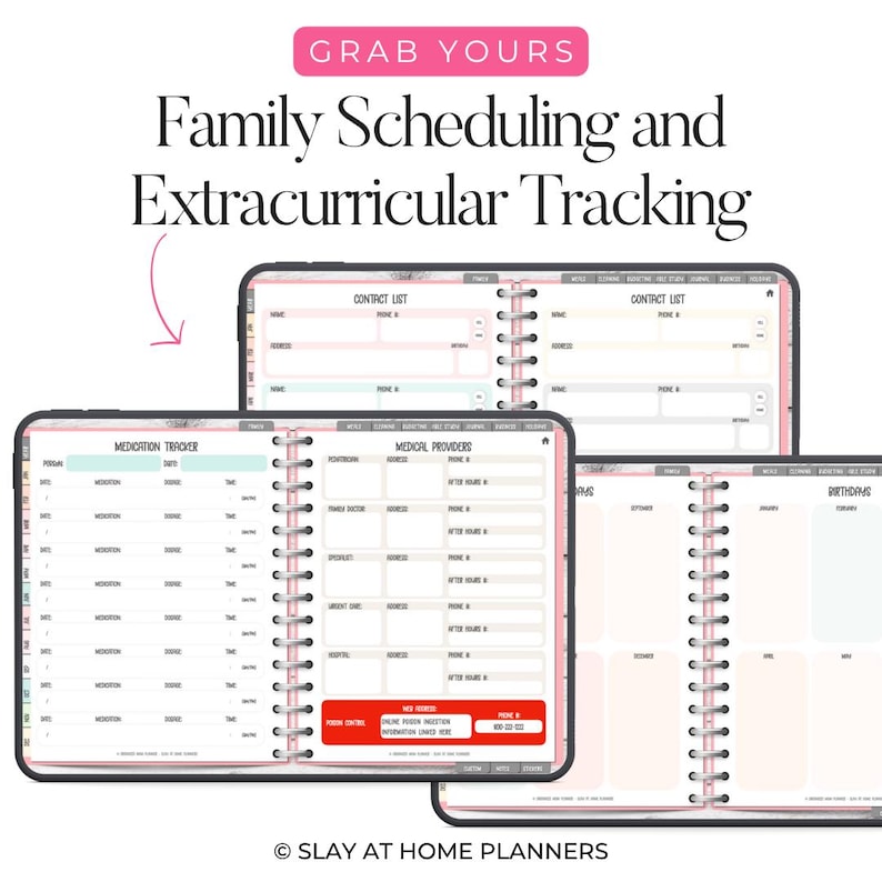 Op de afbeelding: Digitale gezinsplanning en buitenschoolse activiteiten tracker. De planner bevat secties voor contactlijsten, medicatietracking, medische providers en verjaardagen. De tekst "Grab Yours" staat bovenaan, met de titel "Family Scheduling and Extracurricular Tracking".