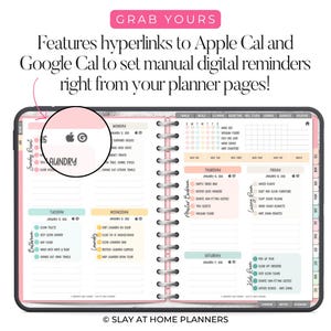 Op de afbeelding: Open planner met een roze rand, met een gedetailleerde wekelijkse lay-out. De planner bevat secties voor verschillende taken, met de tekst "Grab Yours" bovenaan. Het heeft hyperlinks naar Apple- en Google-agenda's.