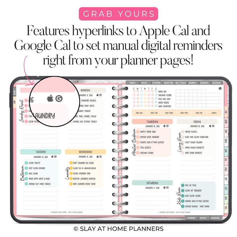 Op de afbeelding: Open planner met een roze rand, met een gedetailleerde wekelijkse lay-out. De planner bevat secties voor verschillende taken, met de tekst "Grab Yours" bovenaan. Het heeft hyperlinks naar Apple- en Google-agenda's.