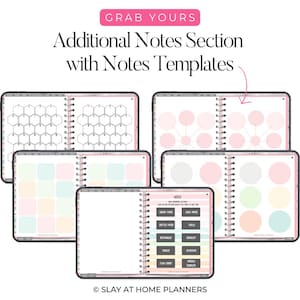 Op de afbeelding: Een verzameling open notitieboeken met verschillende notitiesjablonen. De notitieboeken hebben verschillende lay-outs, waaronder zeshoekige rasters, mindmaps en kleurrijke blokken. De tekst "GRAB YOURS" en "Additional Notes Section with Notes Templates" is zichtbaar.