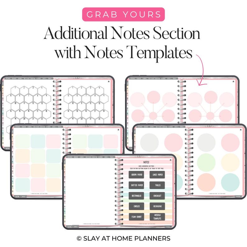 Op de afbeelding: Een verzameling open notitieboeken met verschillende notitiesjablonen. De notitieboeken hebben verschillende lay-outs, waaronder zeshoekige rasters, mindmaps en kleurrijke blokken. De tekst "GRAB YOURS" en "Additional Notes Section with Notes Templates" is zichtbaar.