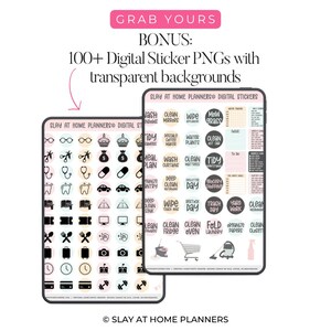 Op de afbeelding: Twee digitale planner sticker sets met diverse iconen en tekstlabels, waaronder iconen voor schoonmaken, maaltijdplanning en afspraken. De tekst bovenaan luidt "GRAB YOURS" en "BONUS: 100+ Digital Sticker PNGs with transparent backgrounds."