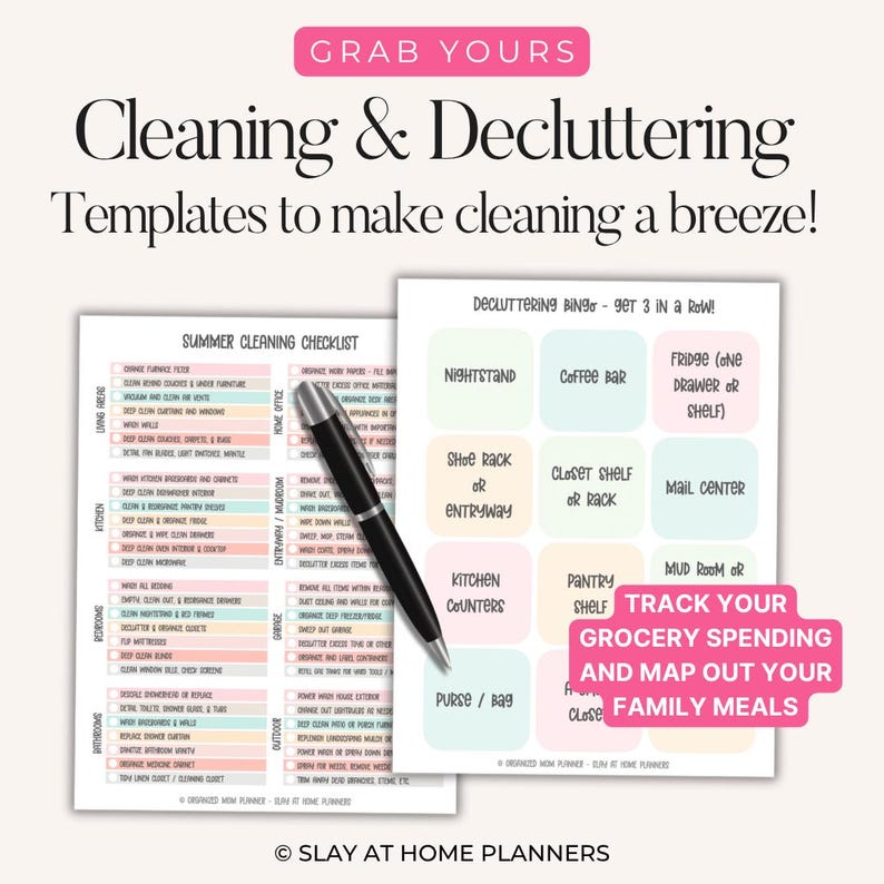 May include: Two printable cleaning and decluttering templates with a black pen. The templates include a summer cleaning checklist and a decluttering bingo game. The text "Grab Yours" is at the top.