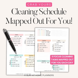 May include: A cleaning schedule planner with a pen. The planner has a pink banner that says "Grab Yours" and the title "Cleaning Schedule Mapped Out For You!". The planner has a weekly layout with cleaning tasks.