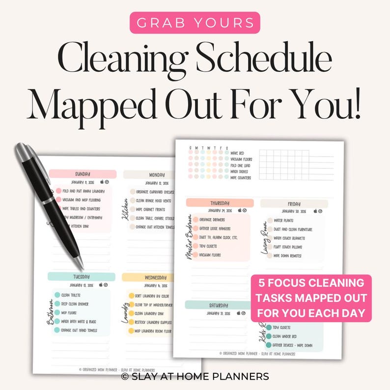 May include: A cleaning schedule planner with a pen. The planner has a pink banner that says "Grab Yours" and the title "Cleaning Schedule Mapped Out For You!". The planner has a weekly layout with cleaning tasks.