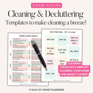 May include: Two printable cleaning templates with a black pen. The templates include a summer cleaning checklist and a decluttering bingo game. The text on the templates reads "Cleaning & Decluttering Templates to make cleaning a breeze!"