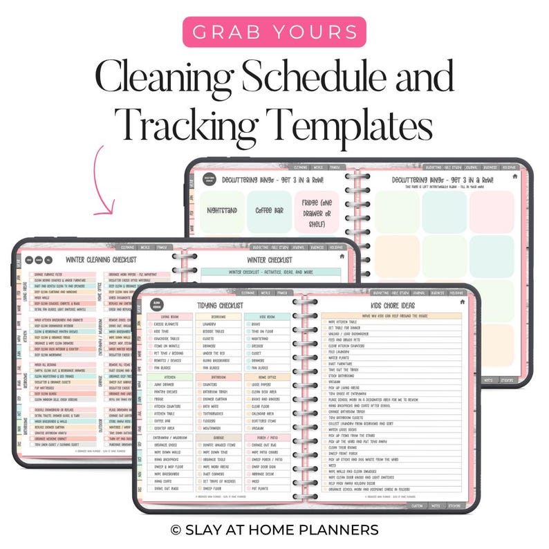 Op de afbeelding: Digitale schoonmaakplanning- en trackingtemplates met roze accenten. De sjablonen bevatten checklists voor winter schoonmaken, opruimen en klusjes voor kinderen. De tekst "GRAB YOURS" en "Cleaning Schedule and Tracking Templates" zijn zichtbaar.