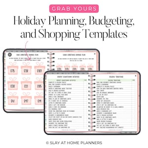Op de afbeelding: Twee open spiraalgebonden planners met roze accenten. De bovenste planner toont een kerstspaarplan met cadeau-box graphics en dollarbedragen. De onderste planner geeft vakantietradities en advent countdown activiteiten weer. Tekst bevat "Holiday Planning, Budgeting, and Shopping Templates."