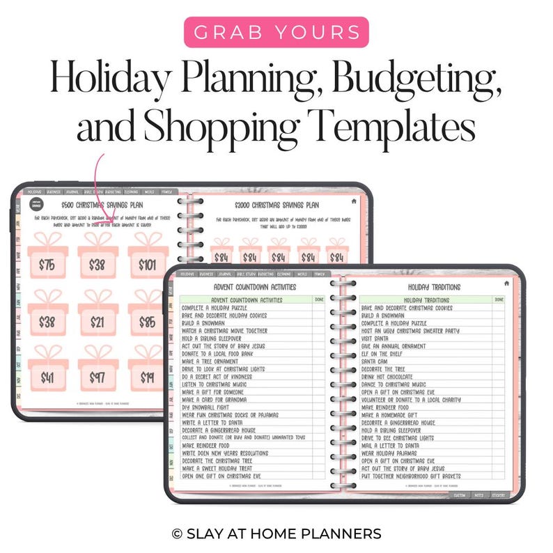 Op de afbeelding: Twee open spiraalgebonden planners met roze accenten. De bovenste planner toont een kerstspaarplan met cadeau-box graphics en dollarbedragen. De onderste planner geeft vakantietradities en advent countdown activiteiten weer. Tekst bevat "Holiday Planning, Budgeting, and Shopping Templates."