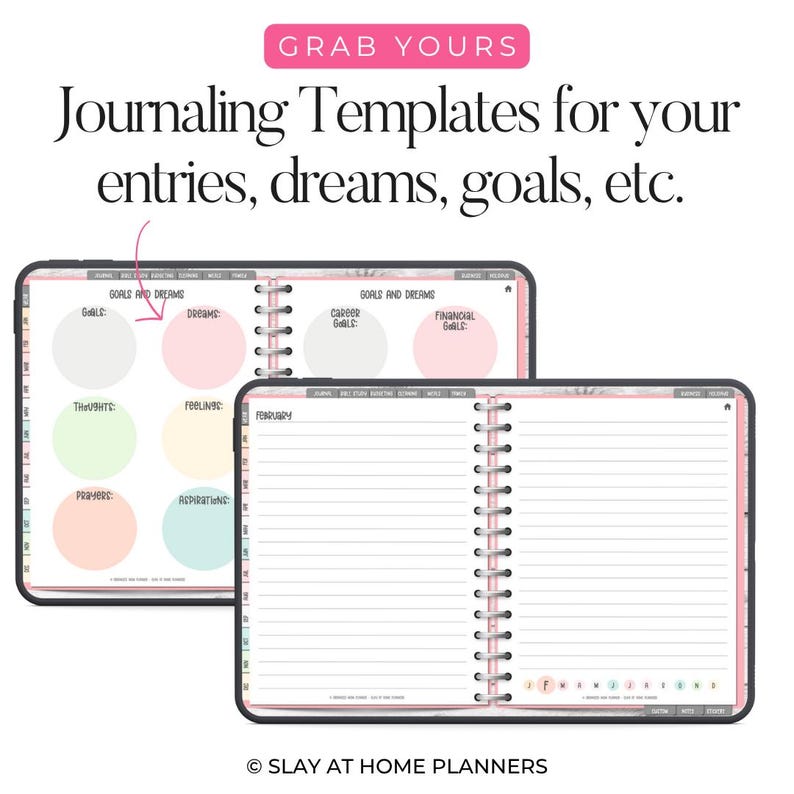 Op de afbeelding: Digitale journaling templates met een roze en wit ontwerp. De afbeelding toont twee open digitale notebooks met gelinieerde pagina's en sjablonen voor doelen, dromen en invoer. De tekst "Grab Yours" en "Journaling Templates" zijn zichtbaar.
