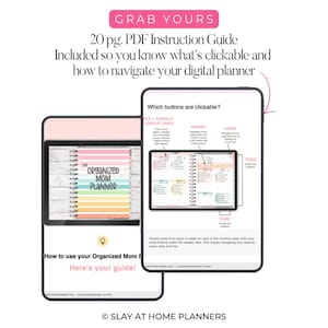 Op de afbeelding: Twee digitale planner-mockups op tablets. De eerste tablet toont een planner met de tekst "Organized Mom Planner". De tweede tablet toont een planner met klikbare knoppen en de tekst "Which buttons are clickable?" Boven staat "Grab Yours".