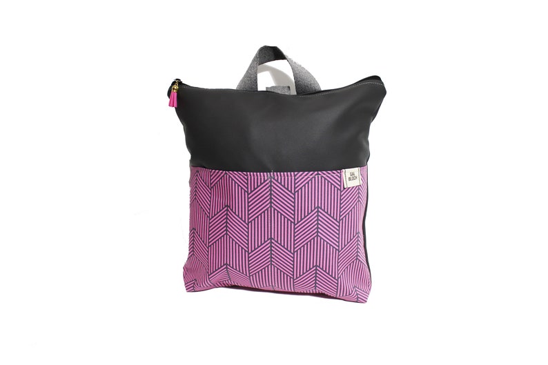 women backpack made of faux leather /& cotton Pink and Grey backpack