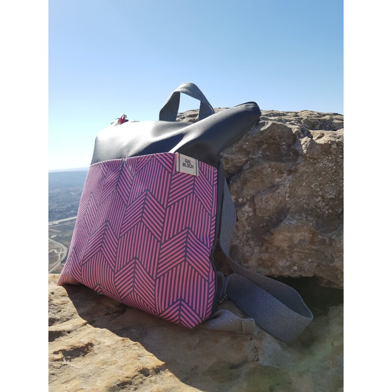 women backpack made of faux leather /& cotton Pink and Grey backpack