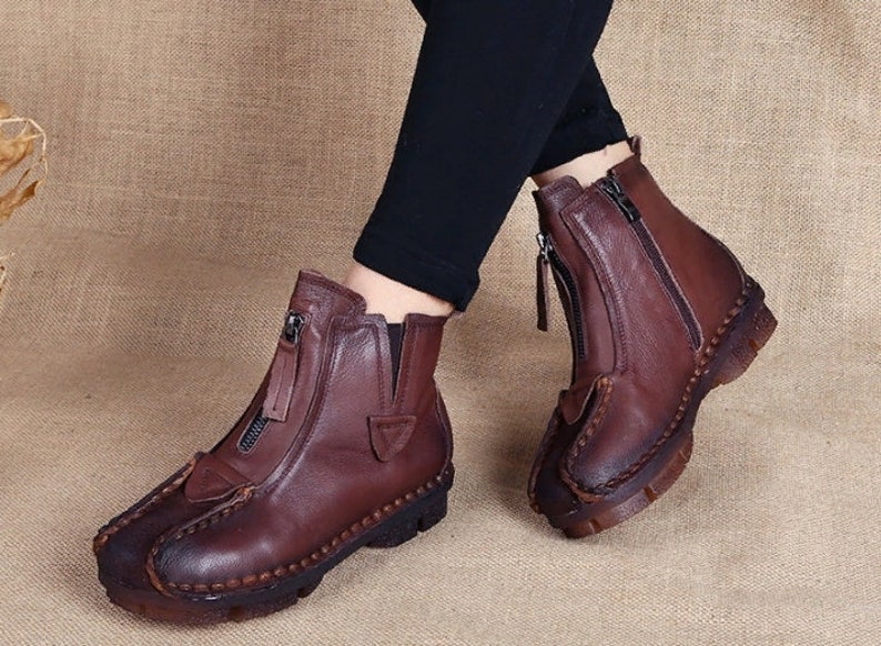 Genuine Leather Ankle Boots Velvet Handmade Lady Soft Flat Etsy