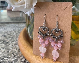 Silver and Pink Heart Shaped Dangle Earrings