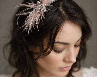Dusty Pink Feather Hair Comb: Pearls, Crystals, Boho Wedding Accessory