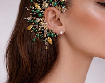 Ear Cuff Earrings Emerald Bridal Ear Climber Green gold Hair piece Crawler Earrings green Wedding Ear wrap Leaf cuff Summer bridal accessory