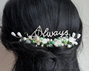 Adorno para el cabello de novia esmeralda, peine Always Green, adorno para el cabello blanco verdoso, adorno para el cabello de novia, peine boho verde. ¿Después de todo este tiempo? Siempre