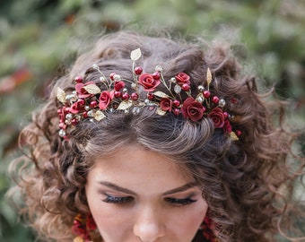 Floral crown Burgundy and gold crown Winter wedding tiara Gold leaf crown Crystal tiara Bridal hair vine Burgundy earrings Gold hair piece