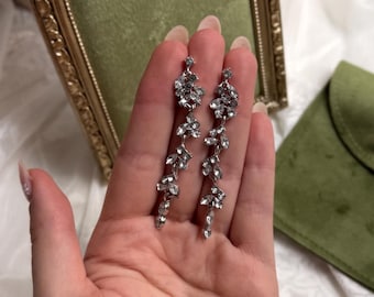 Long drop crystal earrings Glam wedding accessory Oval silver zirconia earrings Bridesmaid wedding jewelry Large silver earrings Bridal