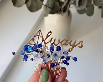 Blue Gold Floral Hair Comb: Bridal Wedding Accessory with "Always" Charm
