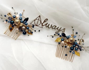 Magical Blue Gold Hair comb Gold wings Hair piece bLUE GOLD wedding Bridal hair accessory Fairy wing Hair piece Magical headpiece Blue clip