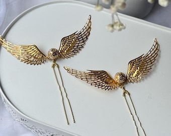 Gold Snitch Wing Hair Pins, Bridal Wedding Accessory, Magical Hair Jewelry
