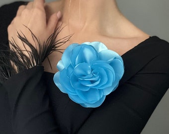 Silk flower brooch Large flower pin brooch Light blue flower brooch Fashion floral broach Gift for woman Christms gift accessory Blue flower