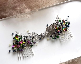 Green Snitch Hair Comb: Emerald Wedding Accessory with Silver Wings