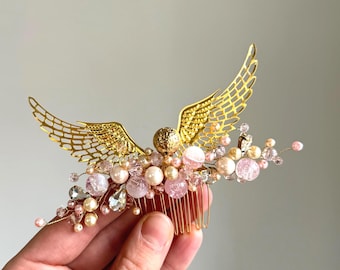 Pink golden snitch hair piece Pale pink wedding hair comb Bridal bohemian hair clip Always comb  After all this time? Always Magic hair pin