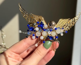 Blue snitch hair comb Bridal blue gold headpiece Gold Floral Hair Comb Gold wings hair piece HP magic accessory